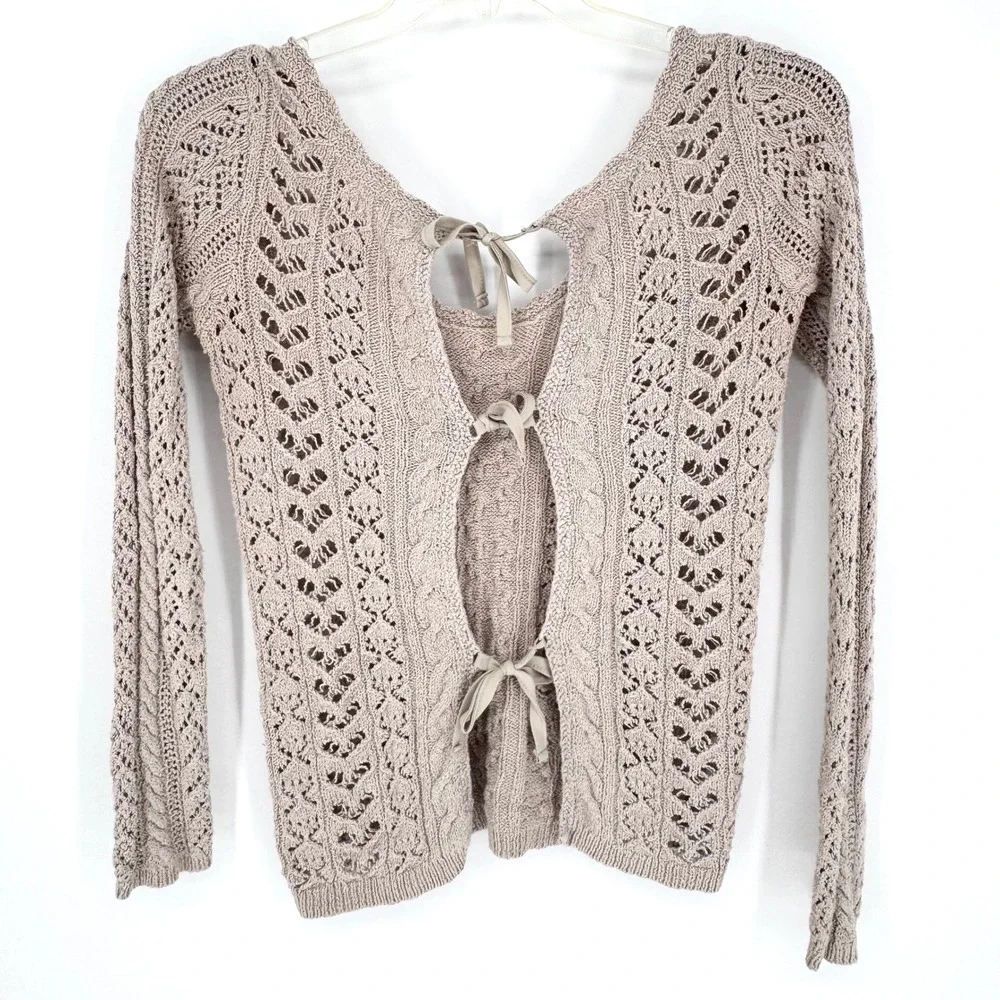 Free People Y2K Cable Knit Open Tie Back Sweater Beige Size S Coastal Bohemian